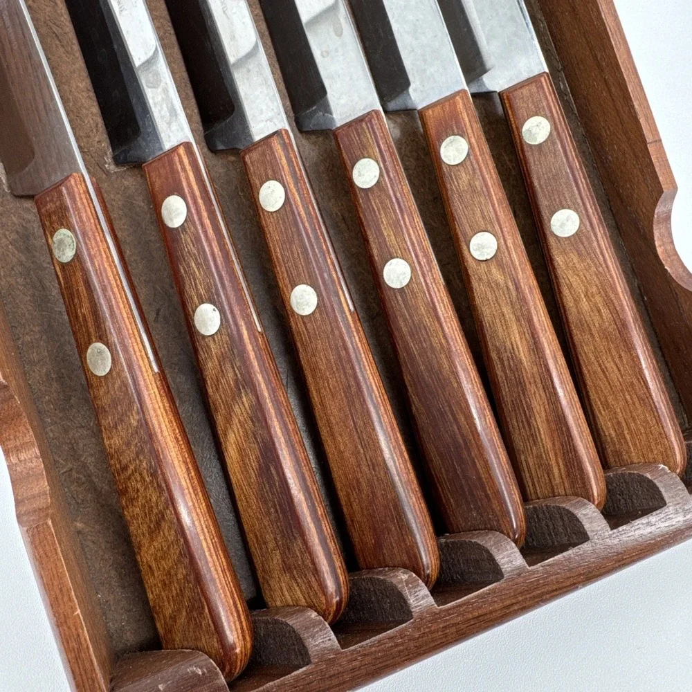 Robinson Hollow Ground Stainless‎ Steel Steak Knives Set of 6 Wood Storage Tray